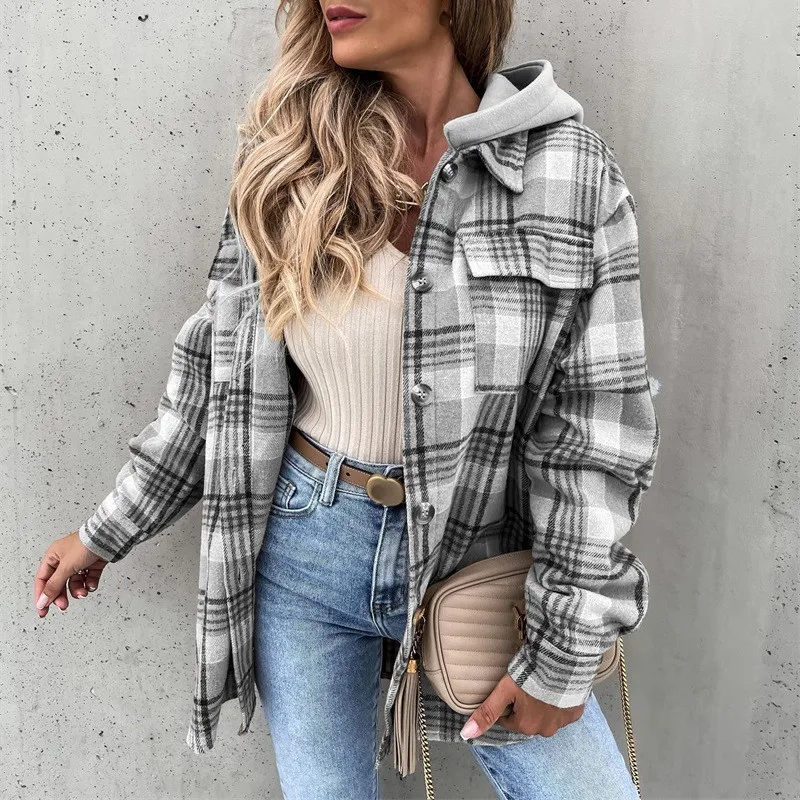 

Streetwear Gray Plaid Long Sleeve Hooded Women Coat Patchwork Button Casual Spring Vintage Tops Pink Loose Female Jacket 2022