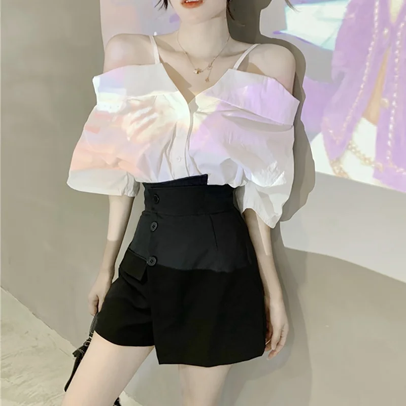 

Small summer wear small fresh Shorts Set women's high suspender one shoulder sexy off shoulder two piece suit