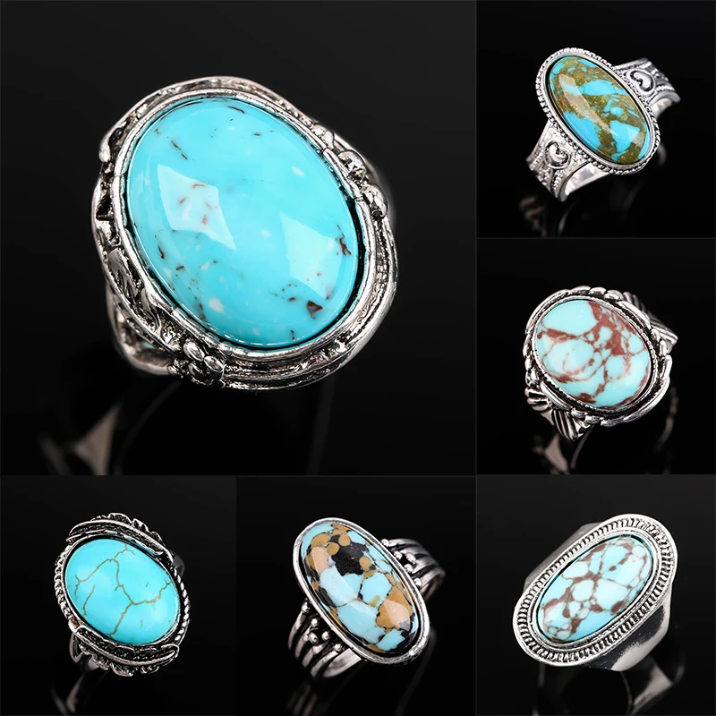 

Vintage Boho Style Turquoises Rings For Women Punk Classic Ethnic Finger Ring Wedding Party Statement Jewelry