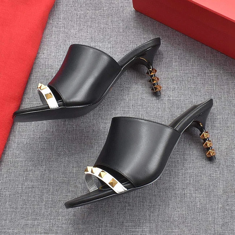 

Summer Genuine Leather Open Toe Rivet Decoration All-Match Stiletto High Heel Sandals Luxury Branded One Strap Women's Slippers