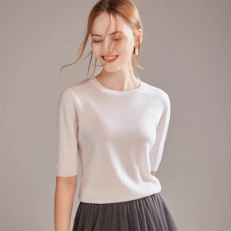 

Early autumn thin top women's short knitwear autumn new round collar five-sleeve sweater women sweater new