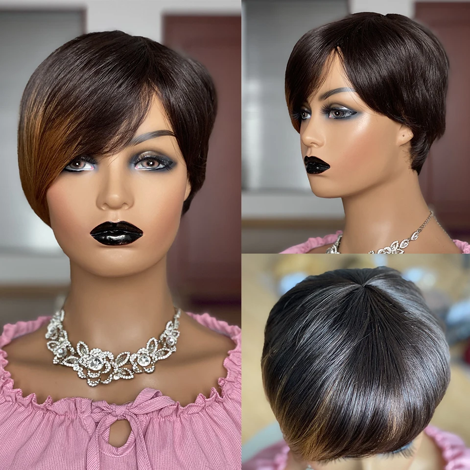 

Fashion Pixie Cut Short Human Hair Wigs With Bangs Straight Brazilian Remy Hair Full Machine Bob Wig P2/30 Brown