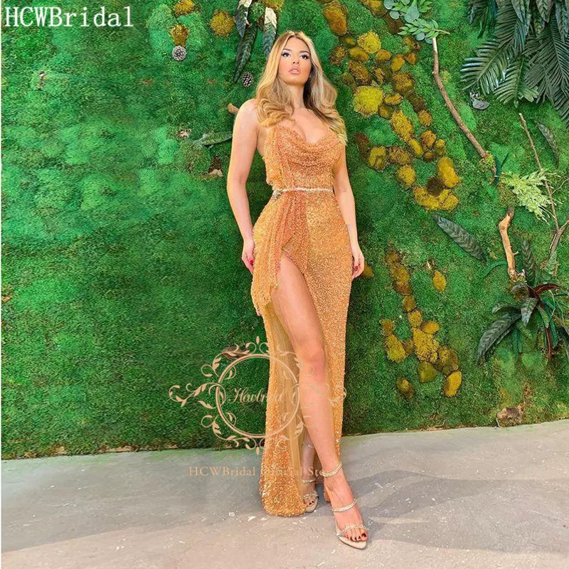 

Sexy 2021 Long Gold Evening Dress Shiny Beads Straight High Slit Backless Special Occasion Party Custom Made Evening Gowns