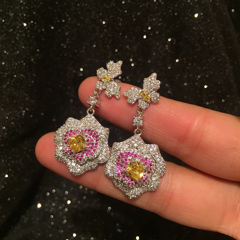 

Flower earrings female goddess Fan S925 silver needle micro-inlaid zircon luxury atmosphere flower tassel earrings