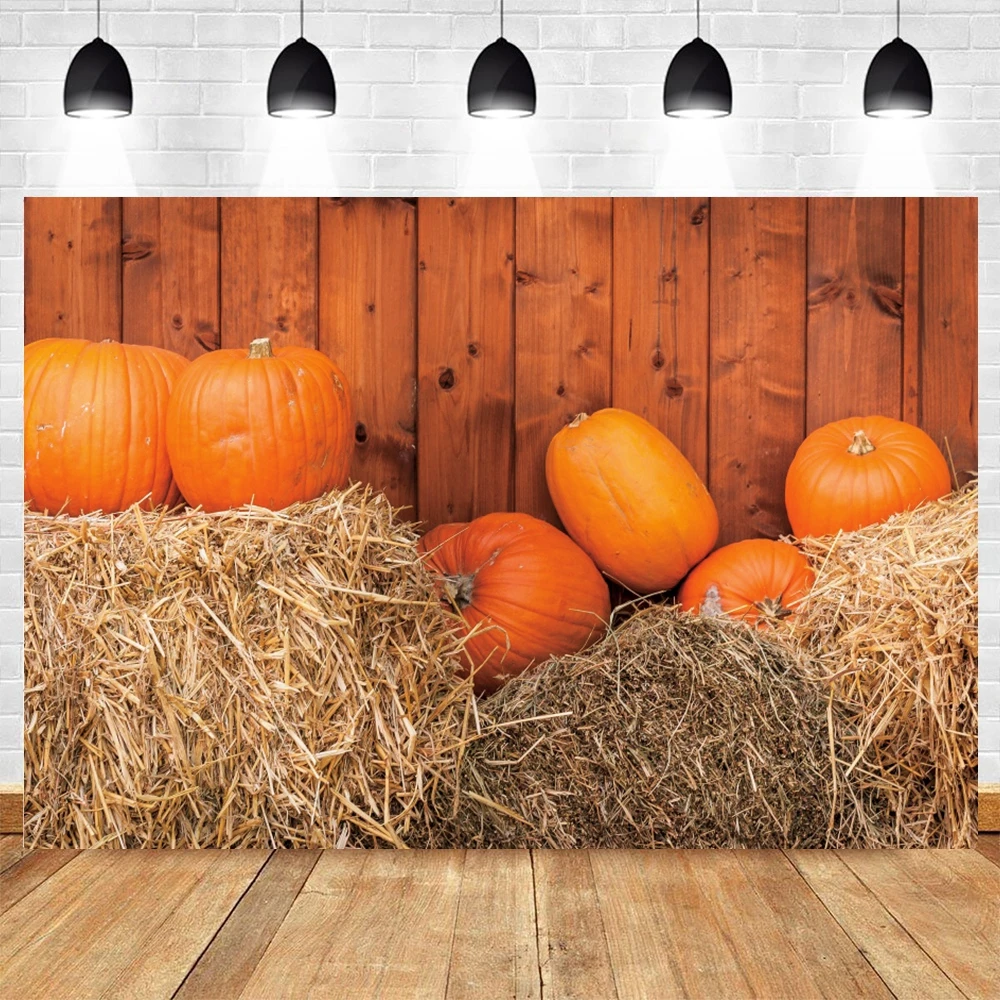 

Фон для фотосъемки с изображением осенней тыквы, сарая, сена