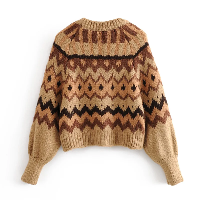 ZOEPO Winter Warm Loose Sweaters Women Fashion O Neck Jacquard Sweater Elegant Puff Sleeve Female Ladies JV | Женская одежда