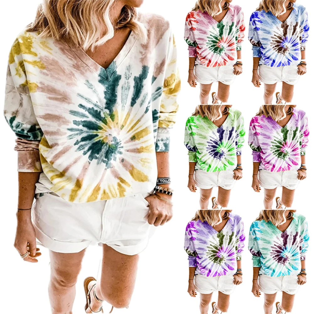 

Женские толстовки с принтом, Свободный пуловер с длинным рукавом и V-образным вырезом