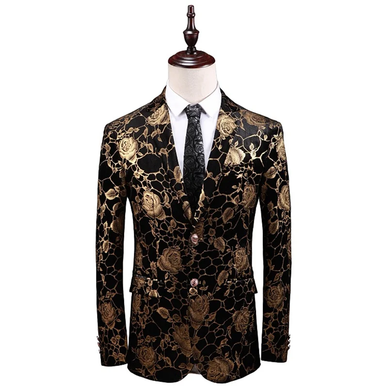 Plyesxale черно-золотой пиджак для мужчин 2019 Новинка весны Slim Fit с цветочным рисунком