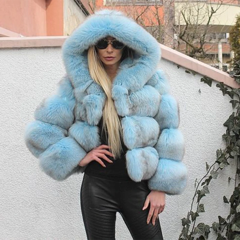 New Women Real Fox Fur Hooded Winter Coats And Jackets Women's Natural Stripe Genuine Fur Outerwear