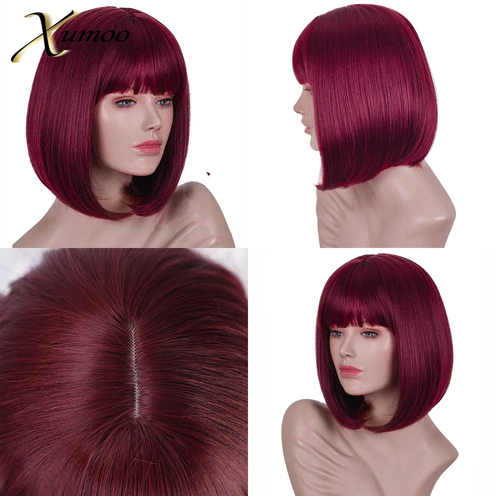 

XUMOO Wine Red 99J Short Bob Remy Human Hair Wigs With Bangs Straight Wavy None Lace Wig Full Machine Made Wig Wigs For Women