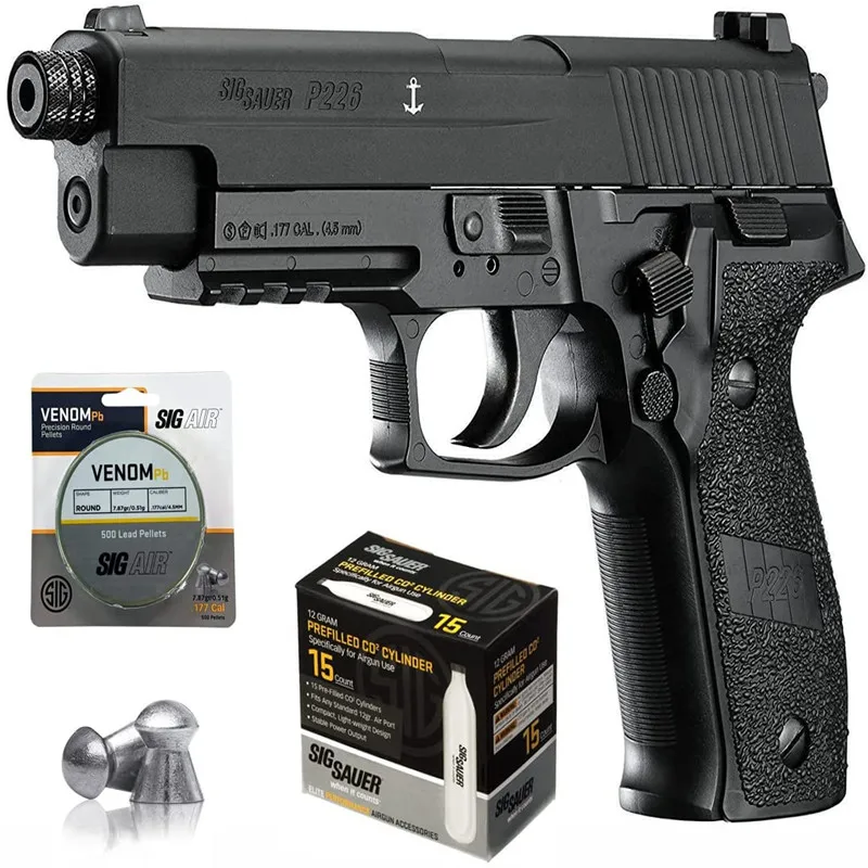 

Пневматический пистолет SIG Sauer P226 с CO2 12 г (15 пакетов) и 500 гранулами из свинца (черный), металлическая настенная пластина, металлический декор ...