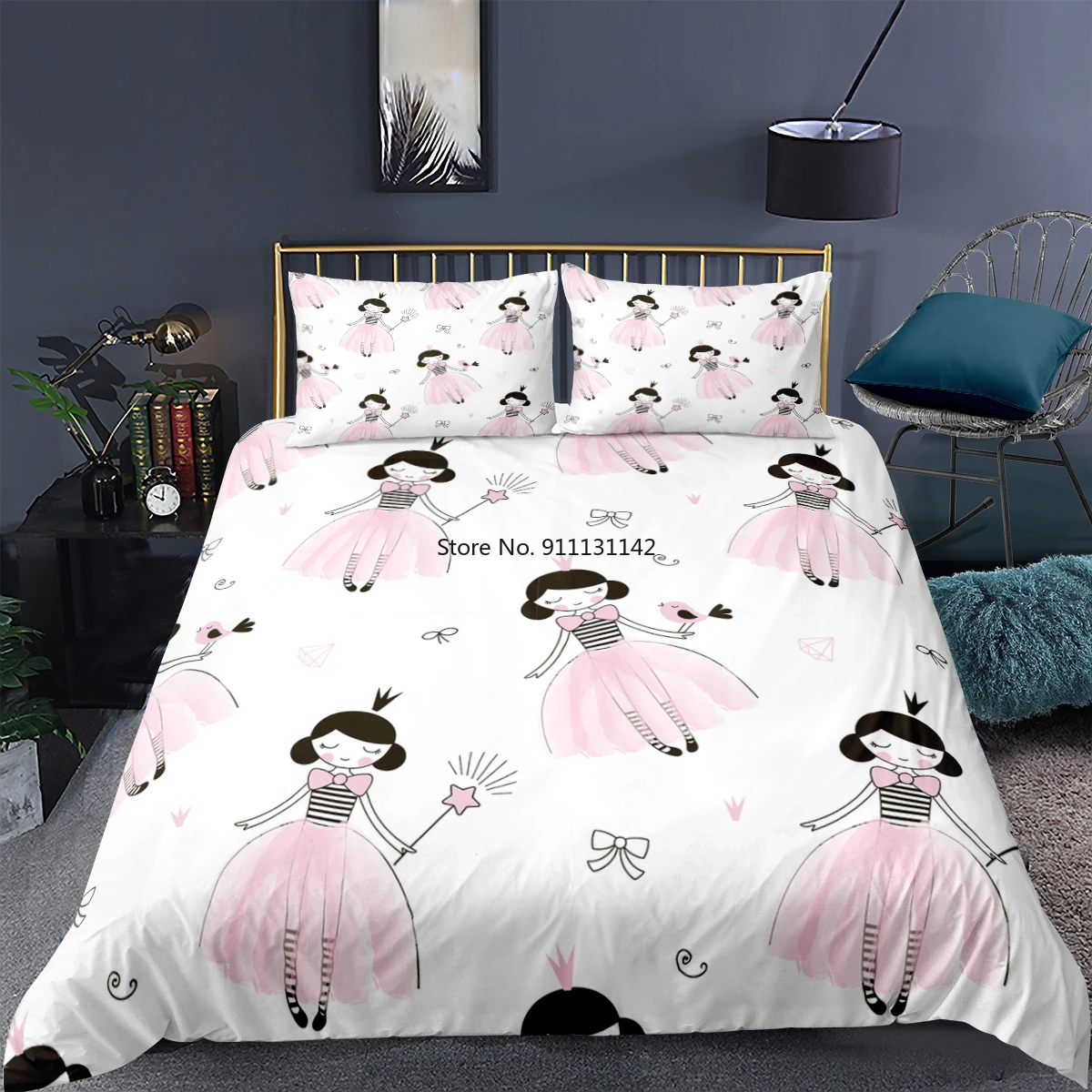 

Cartoon Girl Princess Crown Printed Bedding Set 3D White/Pink Children Bedroom Decorative Home Textile