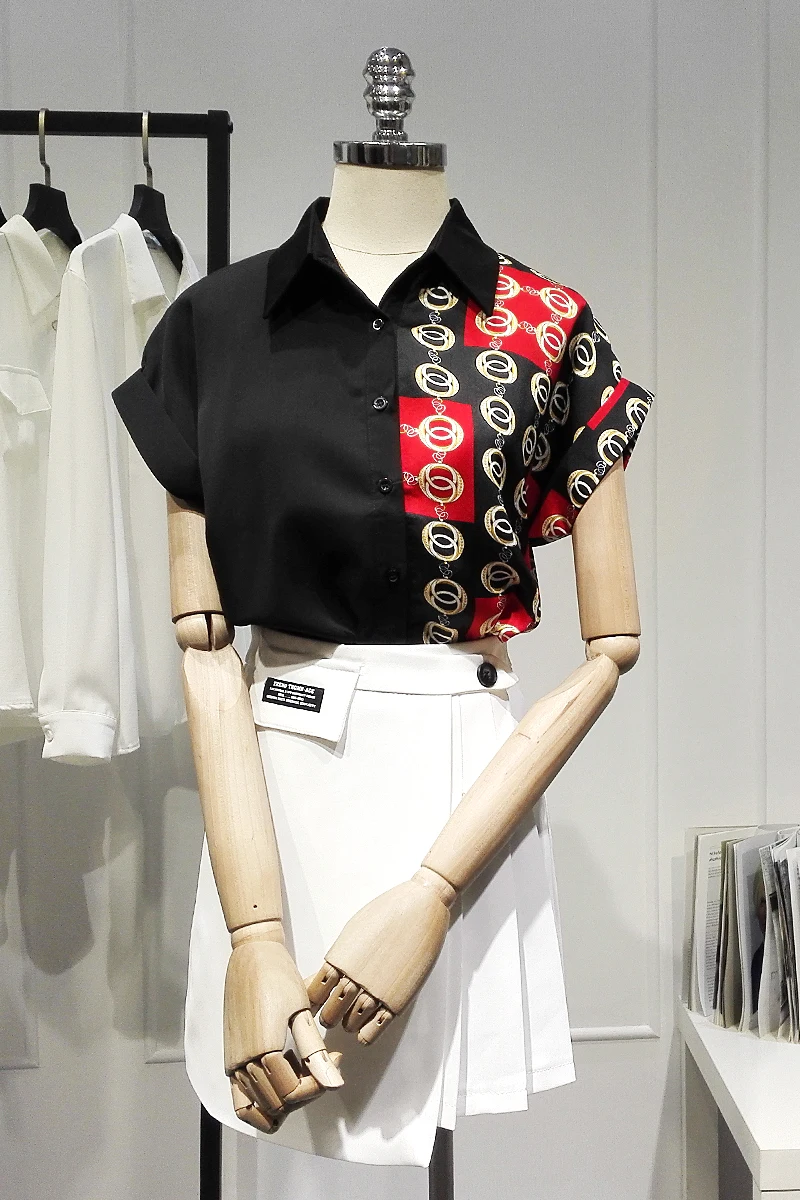

Fashion All-match Elegant Shirt for Women 2021 Summer New Printed Short-Sleeved Top Chiffon Solid Colour Polo Collar Blouse