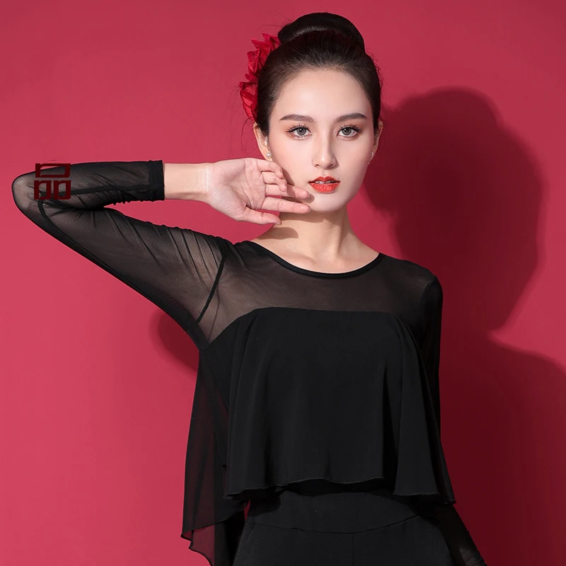 

Modern Dance Tops Professional Latin Dancing Practice Clothing Black Long Sleeve Rumba Tango Samba Performance Clothes DQL5389