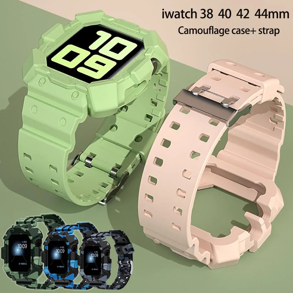 

Ремешок и чехол силиконовый для Apple Watch Band 38 мм 40 мм 42 мм 44 мм, спортивный прозрачный браслет для Iwatch Series 5 6 SE 4 3, камуфляжный