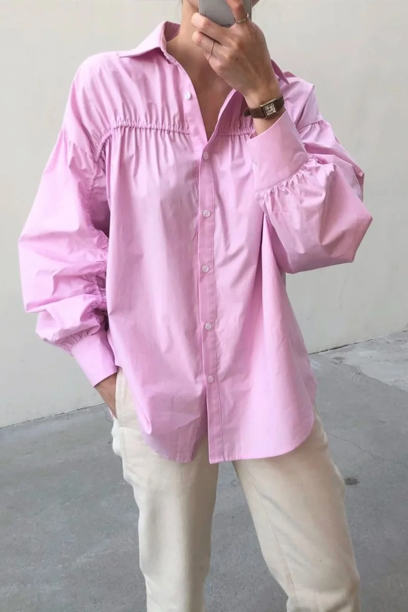 

SuperAen Fashion Puff Design Turn Down Collar Full Solid All Match Loose Single Breasted Casual Shirt Women