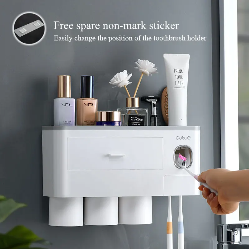 

Toothbrush Holder Automatic Toothpaste Dispenser Wall Mount Toiletries Storage Rack Bathroom Accessories Set With Magnetic Cup