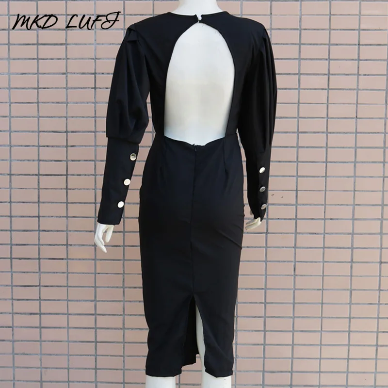 Сексуальное платье с открытой спиной пышными рукавами разрезом женское длинным