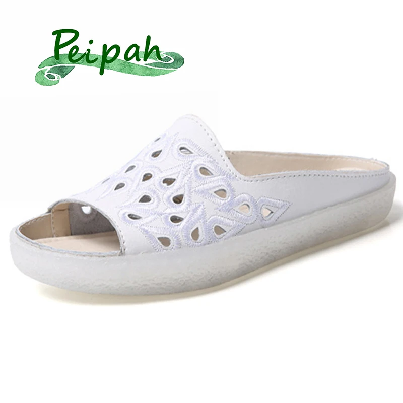 

PEIPAH/2019 г. Летние новые модные шлепанцы из натуральной кожи на плоской подошве короткие женские сандалии и шлепанцы женская обувь на плоской ...