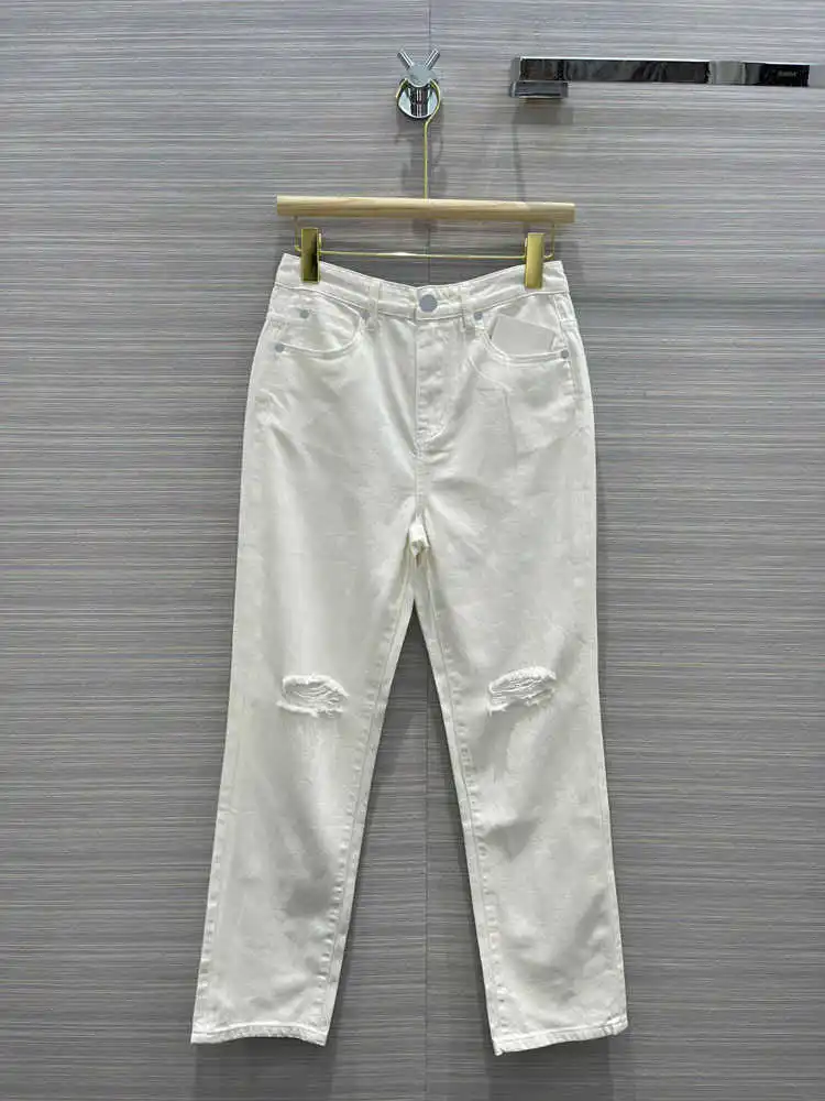 

Женские рваные джинсы в уличном стиле, роскошные Брендовые прямые джинсовые брюки с высокой талией, офисные повседневные потертые брюки из ...