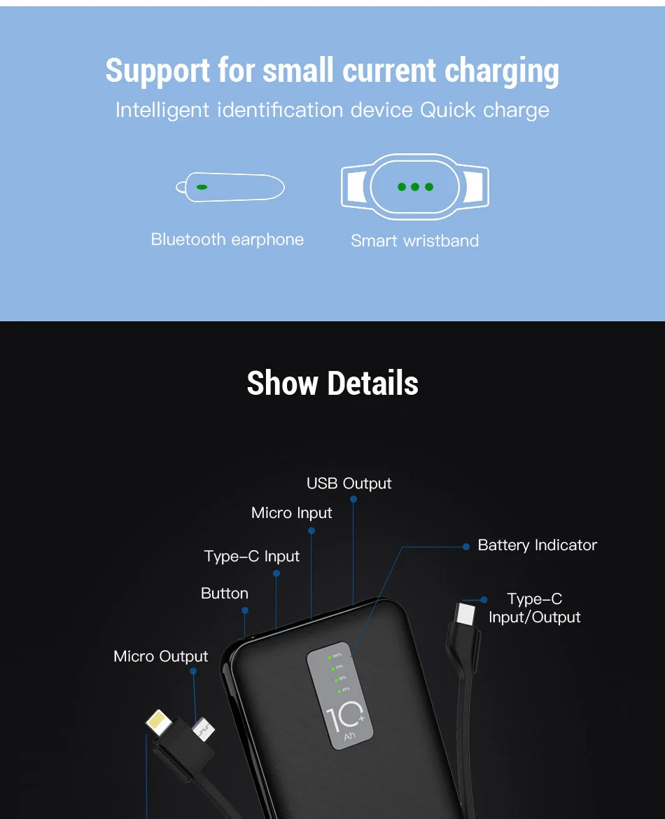 Cager 10000mAh power Bank 3A с кабелем 3 в 1 внешняя батарея для iphone samsung usb type C с входным зарядным кабелем power bank