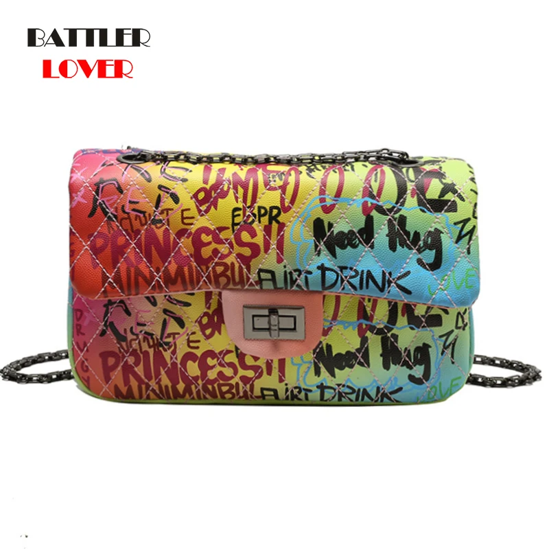

Women Camouflage Shoulder Bags Letters graffiti Design Handbags For Women Punk Brand Crossbody Flaps Ladies New Rainsbow Purses