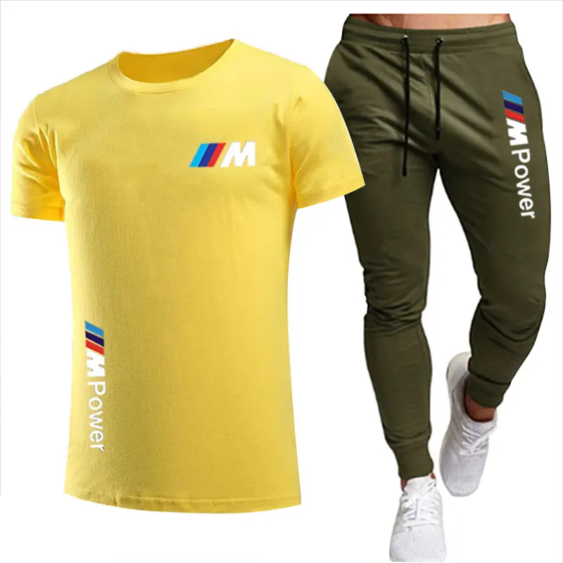 

2021 BMW leisure summer short-sleeved letter printing suit men's jogging suit fitness suit men's T-shirt pants 2-piece set