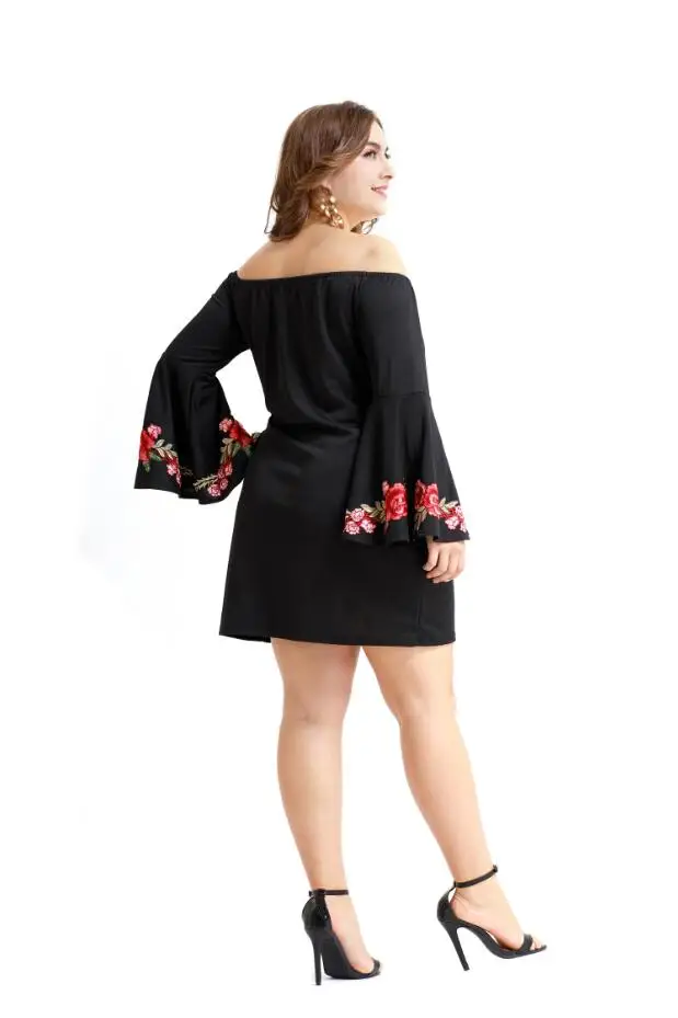 

Sale Sexy Floral Embroidered Slash Neck Mini Dress Women Flare Sleeve Fashion Casual Dress Long Sleeve Plus Size Dresses D30
