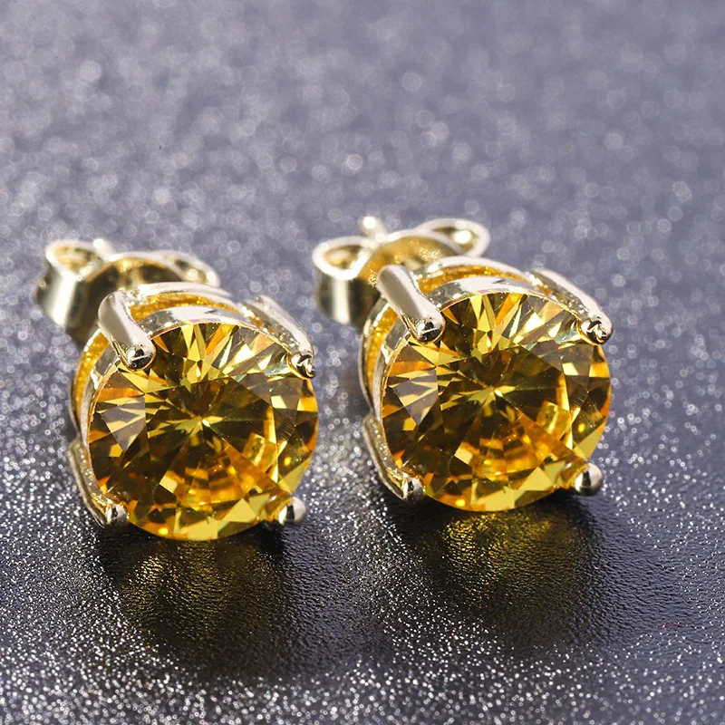 

Exquisite Gold Plated Men Women's Zircon Stud Earrings Round Cut Yellow Crystal Cocktail Party Earrings Wedding Hip Hop Jewelry