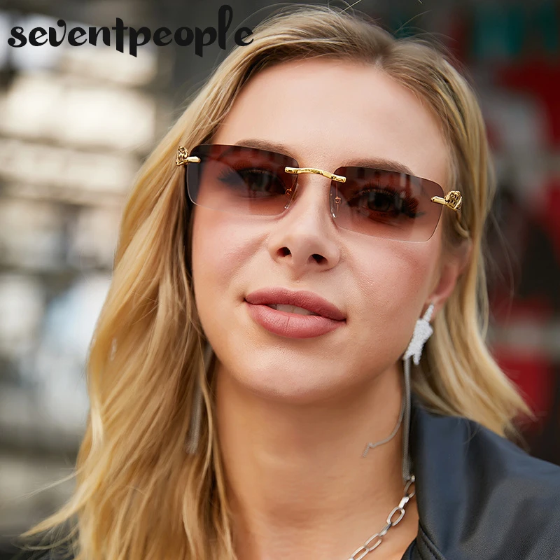 

Rimless Rectangle Sunglasses Women 2021 Luxury Brand Channel Frameless Square Sun Glasses For Men Unique Leopard Temples Eyewear