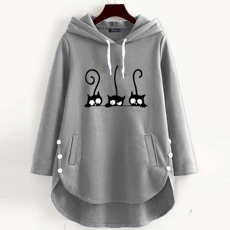 

Fashion Ladies Loose Sweatshirt Irregular Hem Cat Flower Printing Solid Color Casual Pullover Hooded Top Spring Autumn Oversize