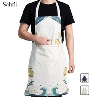 modern simple style cartoon printing kitchen household denim adult sleeveless apron home work clothes halter waist tie design