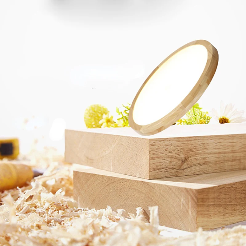 

Потолочный светильник из цельного дерева, акриловый, светодиодный светильник для гостиной, спальни, коридора с пультом дистанционного упра...