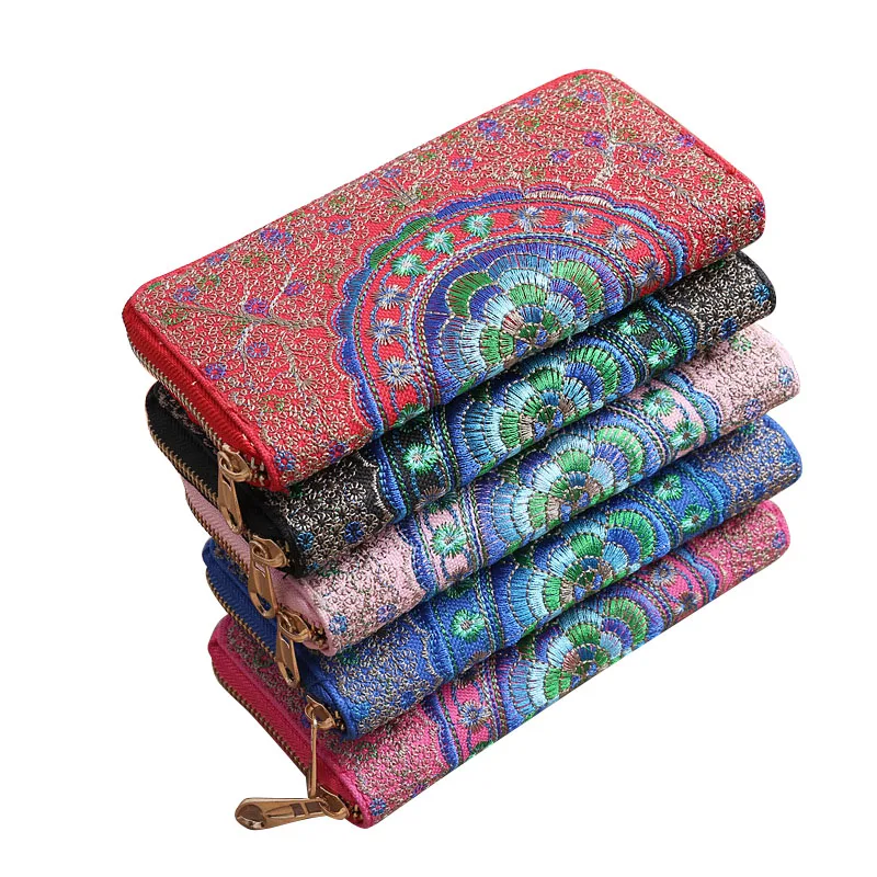 

50PCS / LOT Fashion Flower Embroidery Women Wallets National Style Long Wallet Coin Purse Lady's Clutches Female Money Bags