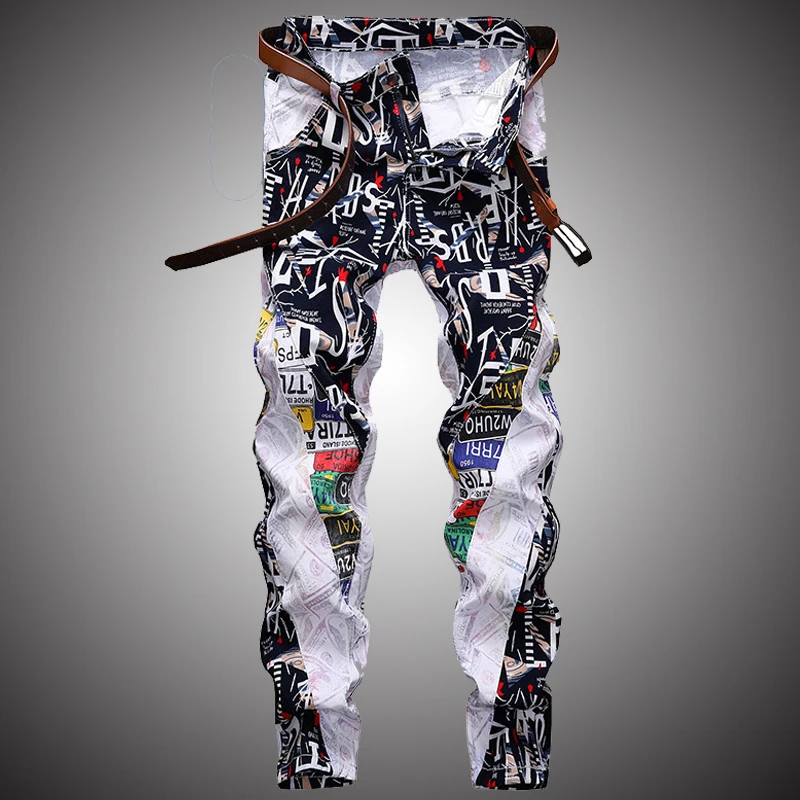 

Streetwear Denim Pants Men Fashion Print Jeans Elastic Slim Fit Pencil Pants Casual Letter Printing Trousers Male