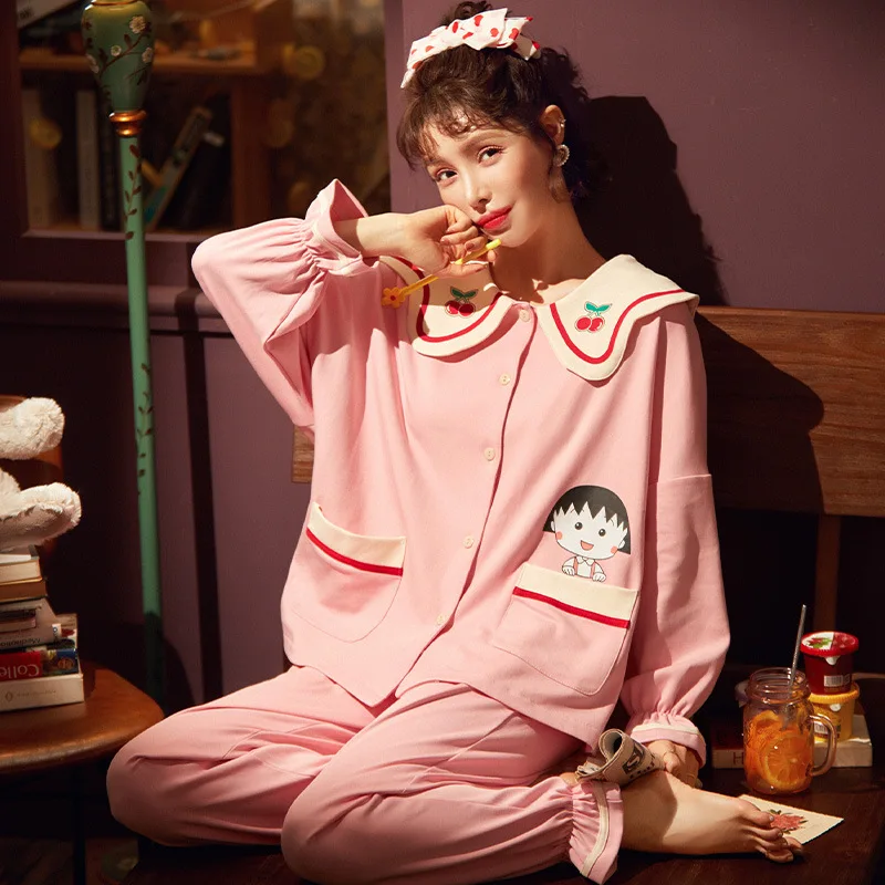 

Розовый Chibi Maruko пижамы натуральный хлопок Женская домашняя одежда Пижама для женщин, есть большие Удобная ночная рубашка размера плюс карди...