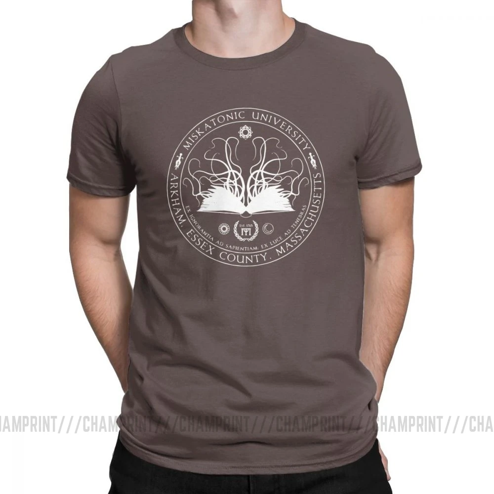 Коричневый Miskatonic Sigil Call Of Cthulhu, мужские футболки, Miskatonic loveccraft Arkham, хлопковые футболки с короткими рукавами, футболка с круглым вырезом, топы - Цвет: Коричневый