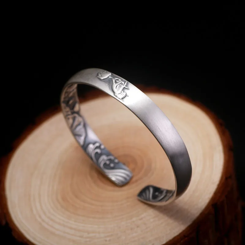 ZABRA Solid Pure 999 Sterling Silver 8mm Lotus Vintage Open Cuff Bracelet Women Guanyin Hand Trendy Rock Bangles Jewelry | Украшения и