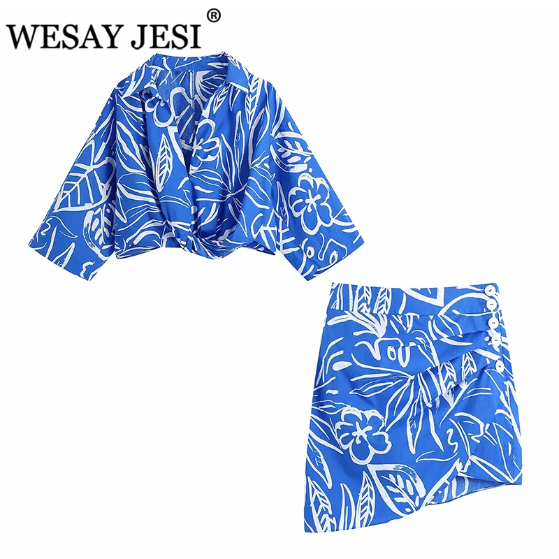 

WESAY JESI Women Clothing Suit TRAF ZA Blue Print Fashion Lapel Chic Top Skirts Womens 2021 A-Line Skirt Sexy Vintage Outfit