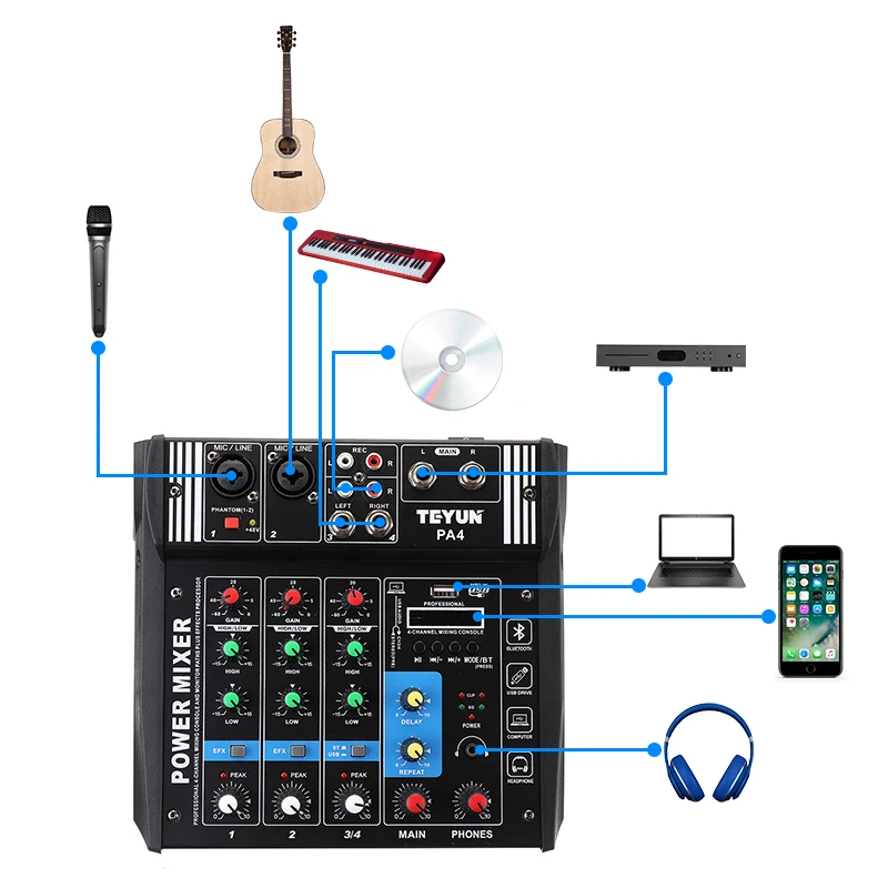 4 канала 2*100 Вт аудио миксер bluetooth Live караоке микшерный пульт усилитель для DJ KTV