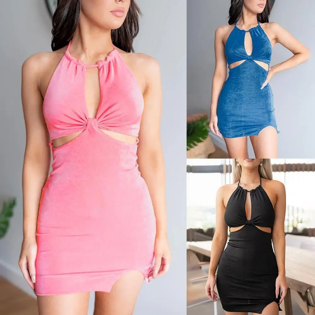 

Halter Backless Bodycon Dress Women Sexy Summer Dress 2021 Dress Cut Pink Mini Blue Out Black Party Elegant V8I3