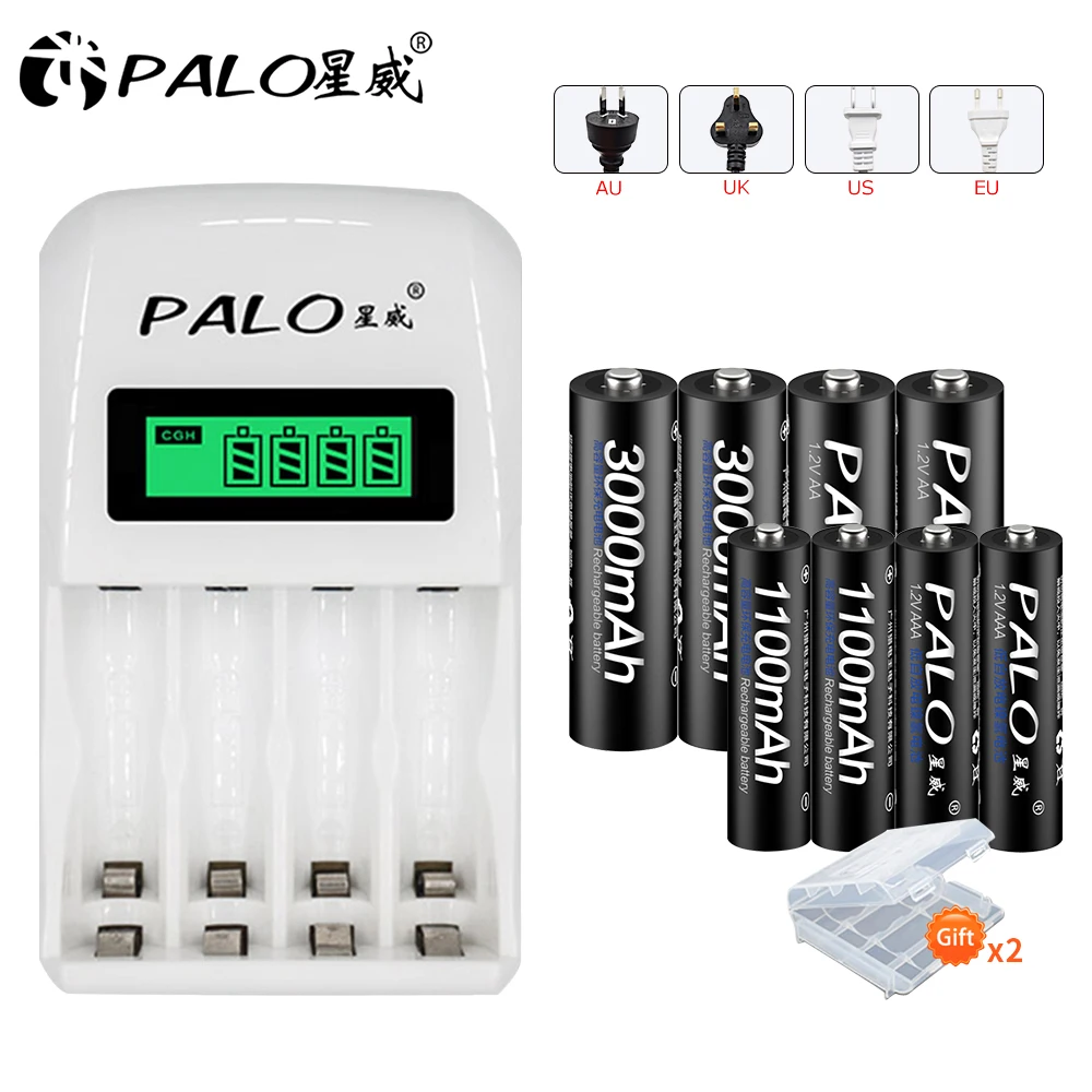 4-4 battery EU PALO 4шт. 1,2 В большой емкости батарейки АА 3000 мАч+ 4шт батарейки 1100 мАч АА / ААА 3А аккумуляторная батарея с подарочным чехлом - Цвет: 4-4 battery EU