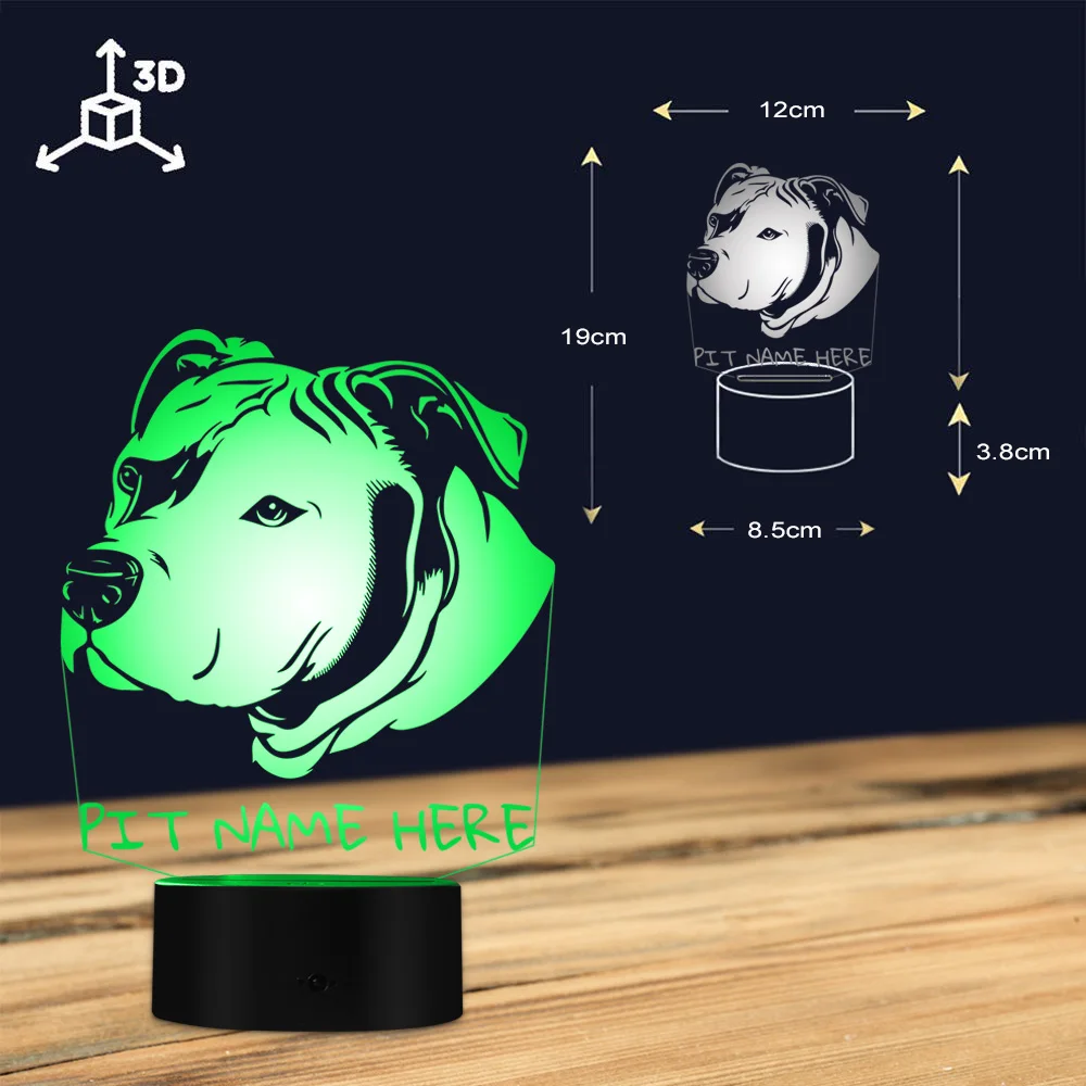 На заказ Pitbull 3D светодиодный ночной Светильник голова питбуля портрет 3D Оптическая иллюзия светодиодный светильник с индивидуальным именем собаки Питти подарок