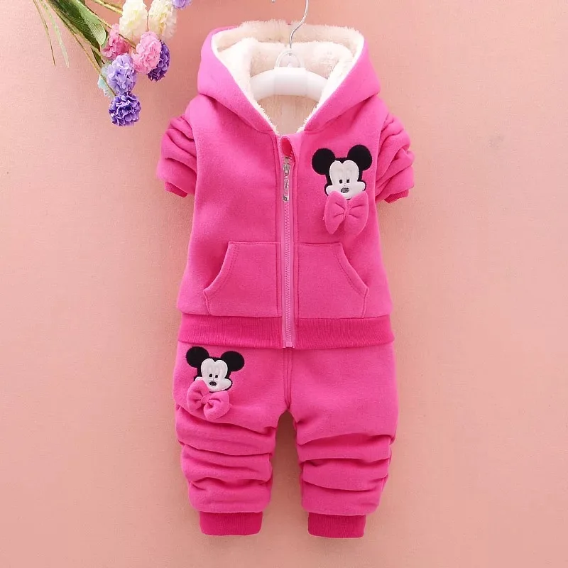 Rose red Комплекты одежды для девочек с Минни и Микки зимний теплый комплект одежды для девочек, куртка+ футболка+ штаны, 3 предмета, детская одежда утепленный бархатный костюм для девочек - Цвет: Rose red