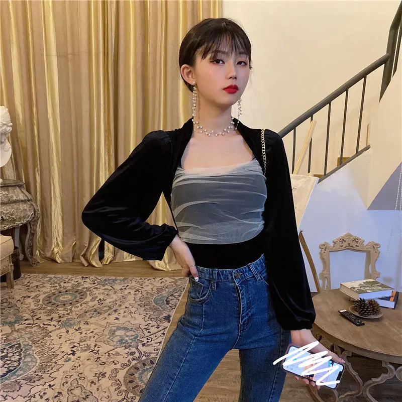 

2021 New Black Slender Velvet Stylish Brief Fresh Patchwork Mesh Puff Sleeves Slim Chic All-Match Women T-Shirts