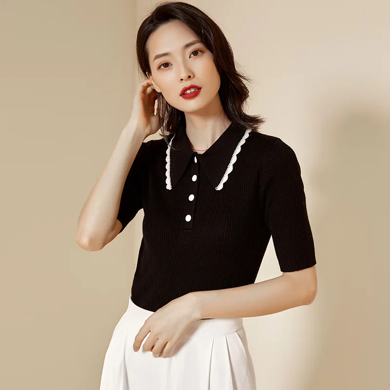 

2021 spring women's new top slim thread stretch sweater Lapel Pullover Sweater short sleeve T-shirt