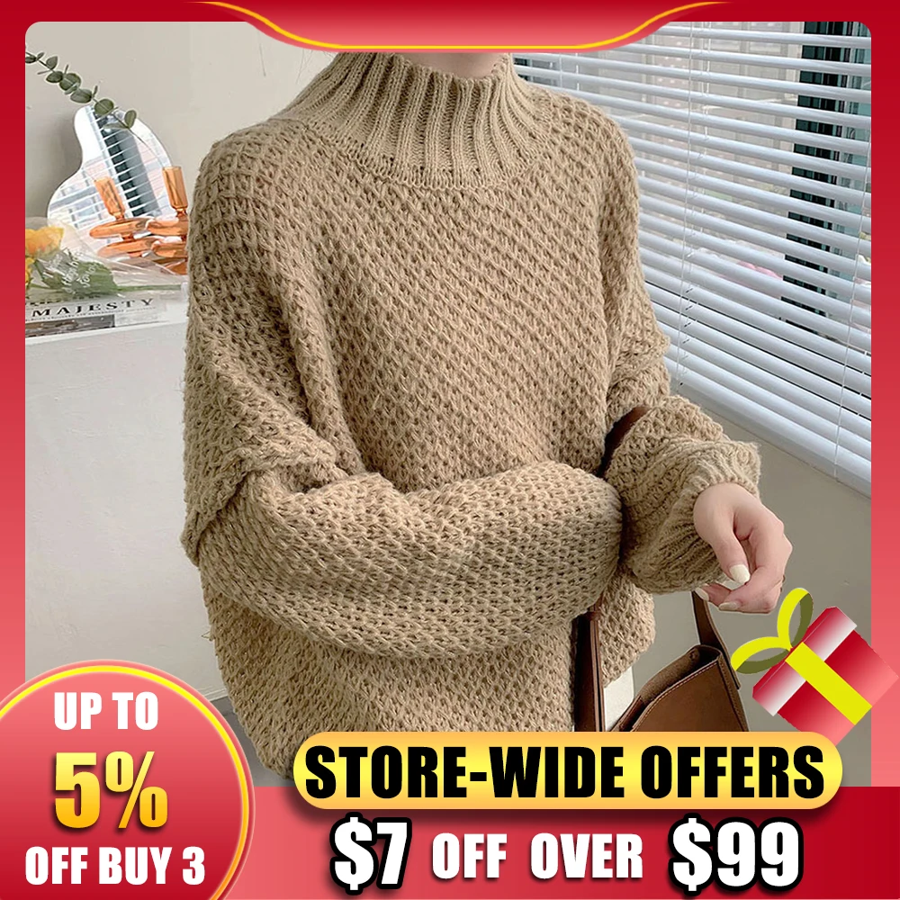 

Elegant Turtleneck Thick Women Sweater Winter Striped Jumpers Female Brief Loose Knit Pullovers 2021 Warm Sweater Tops