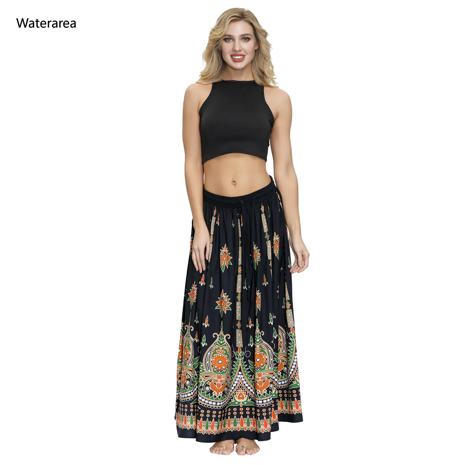 Женская юбка макси с высокой талией свободная плиссированная цифровым принтом