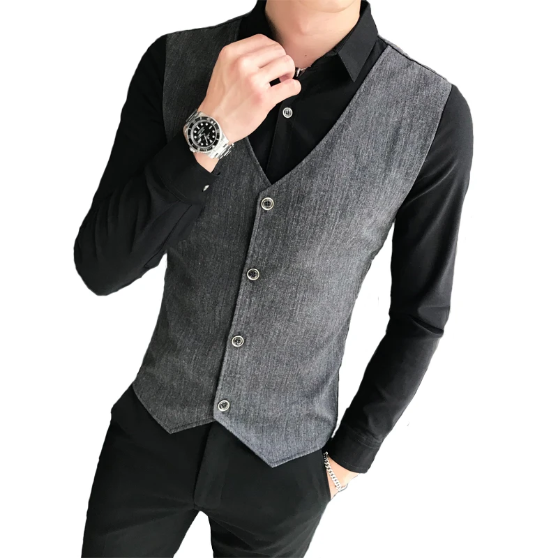 

Plus Size 5XL-M Fake-2Pieces Spliced Shirt Men Clothing 2021 Spring New Simple Slim Fit Casual Long Sleeve Blouse Homme Hot Sale