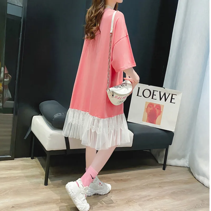 #4936 черные белые розовые платья футболки с коротким рукавом свободное Сетчатое